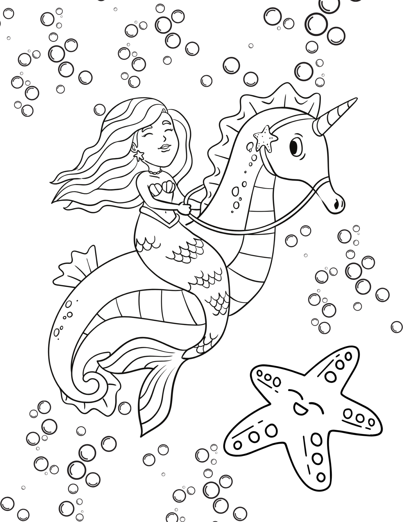 Black and white coloring page featuring a mermaid riding a seahorse with bubbles and a starfish.