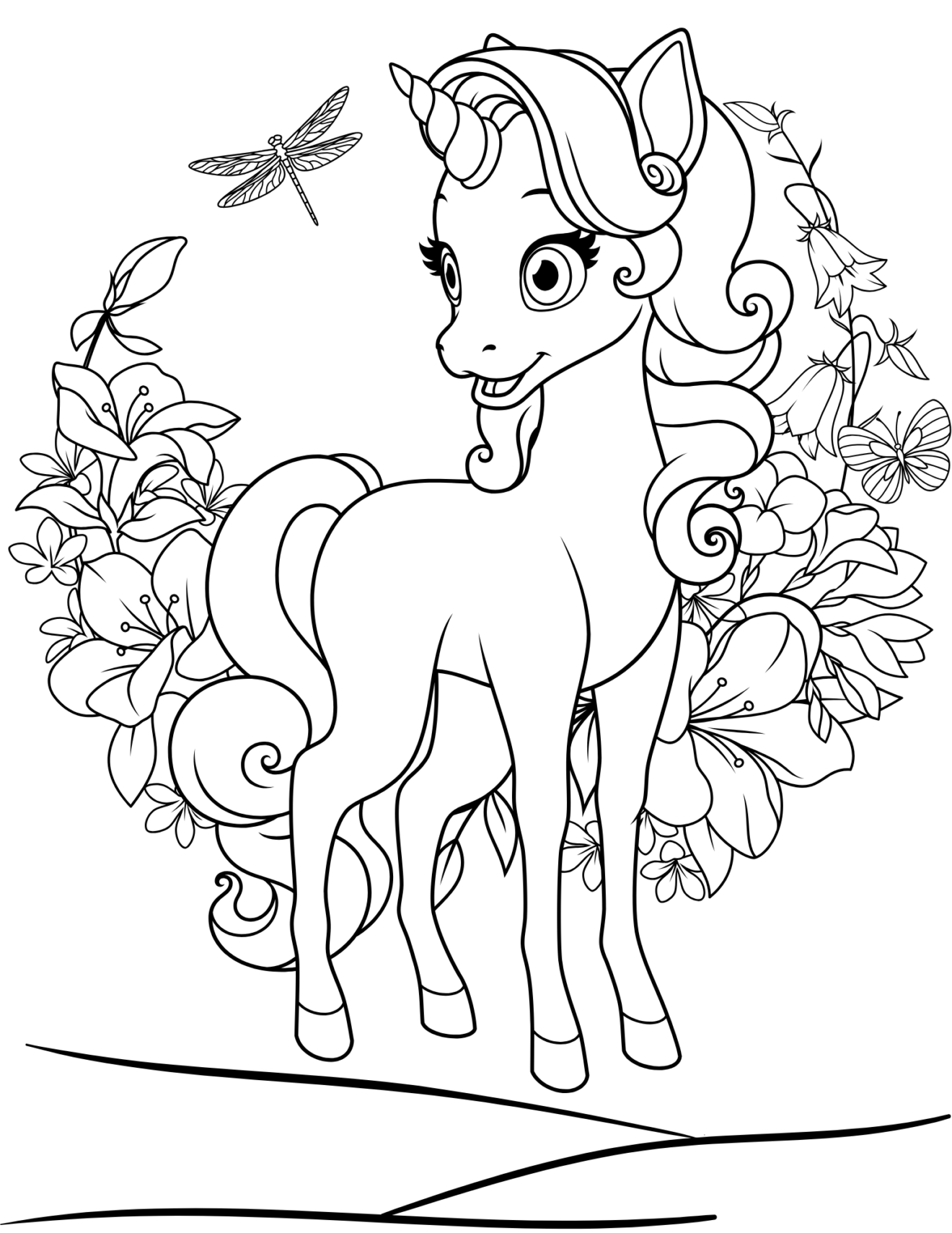 Line art of a unicorn surrounded by flowers and a dragonfly, designed for coloring.
