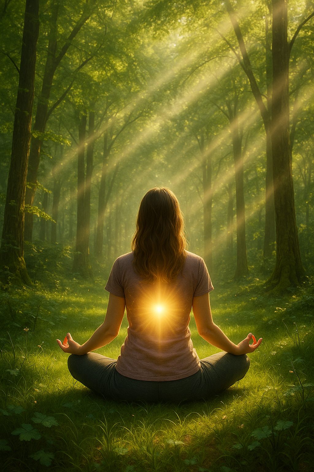 Woman meditating in a glowing forest, symbolizing a Reiki healing journey and inner energy alignment