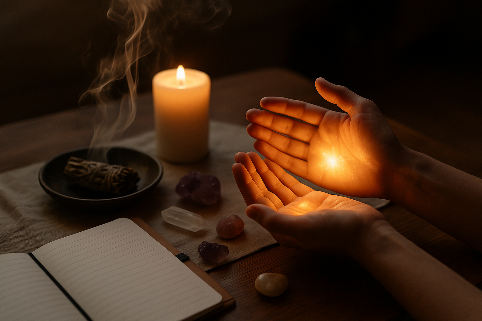 sacred ritual space for reiki self-healing techniques with hands, sage, and glowing energy