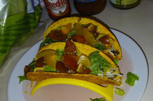 Hot and crunchy deer tacos with lettuce and tomato topping