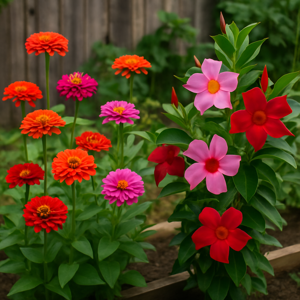 Colorful zinnias and mandevilles growing in a homestead garden