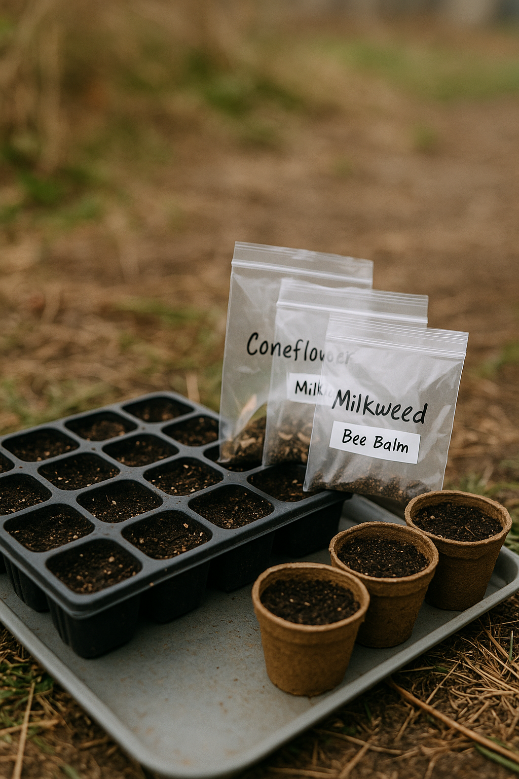 Seed trays set outdoors for cold stratification before spring