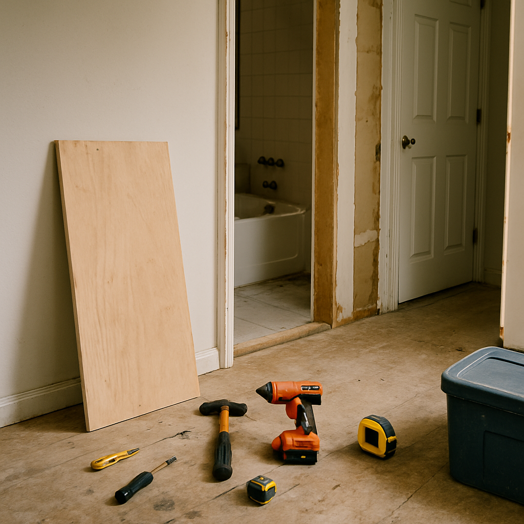 Messy DIY project area with scattered tools and half-finished repairs