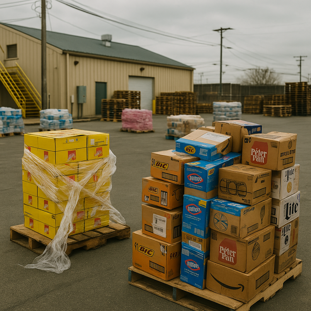 Pallet of dented cans and misprinted packaging at a warehouse