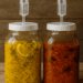 Two large glass fermentation jars of homemade sauerkraut on a rustic wooden counter. One jar contains Lemon Turmeric Thyme sauerkraut with lemon wedges and fresh thyme sprigs, and the other contains Smoky Chipotle Onion sauerkraut with a rich red color. Both jars are sealed with white lids and airlocks.