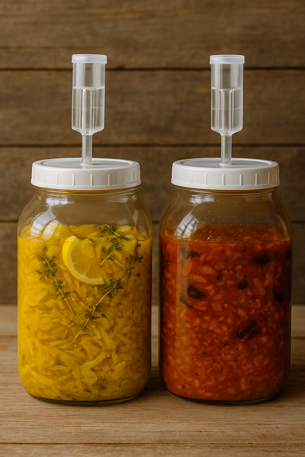 Two large glass fermentation jars of homemade sauerkraut on a rustic wooden counter. One jar contains Lemon Turmeric Thyme sauerkraut with lemon wedges and fresh thyme sprigs, and the other contains Smoky Chipotle Onion sauerkraut with a rich red color. Both jars are sealed with white lids and airlocks.
