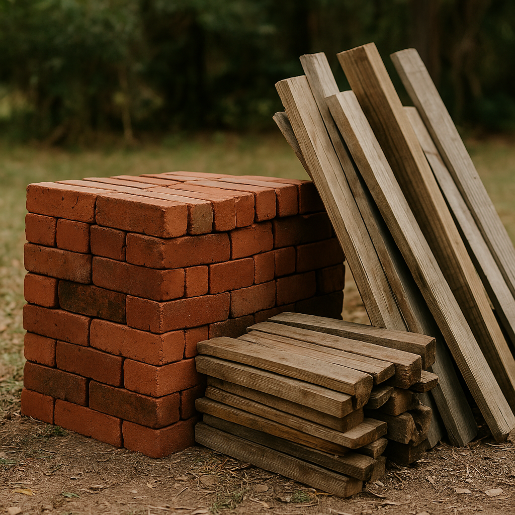 Pile of free red bricks and lumber ready for homestead building projects