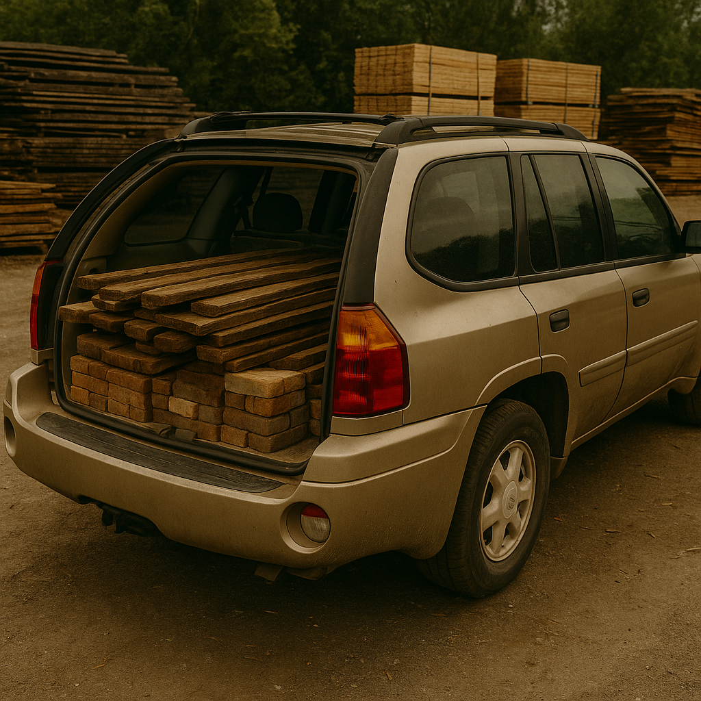 Old SUV loaded with free lumber for homestead building