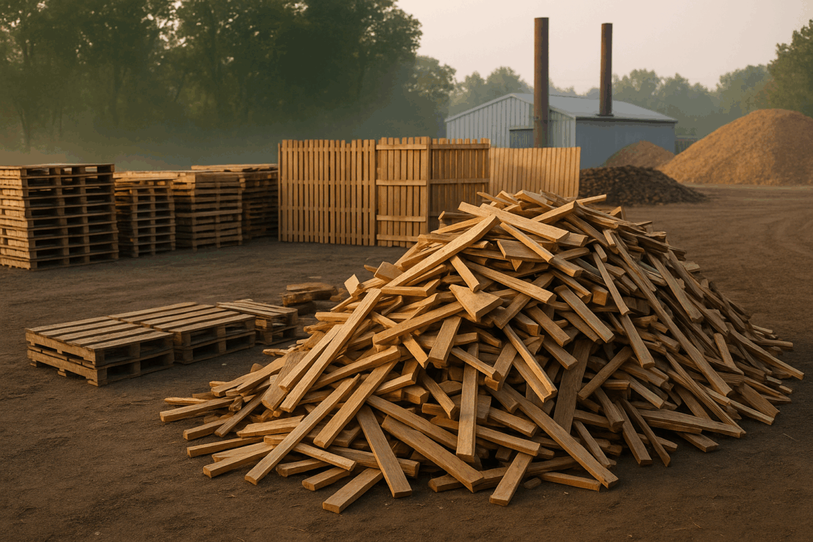 Scrap lumber pile at a rural lumber yard ready for pickup