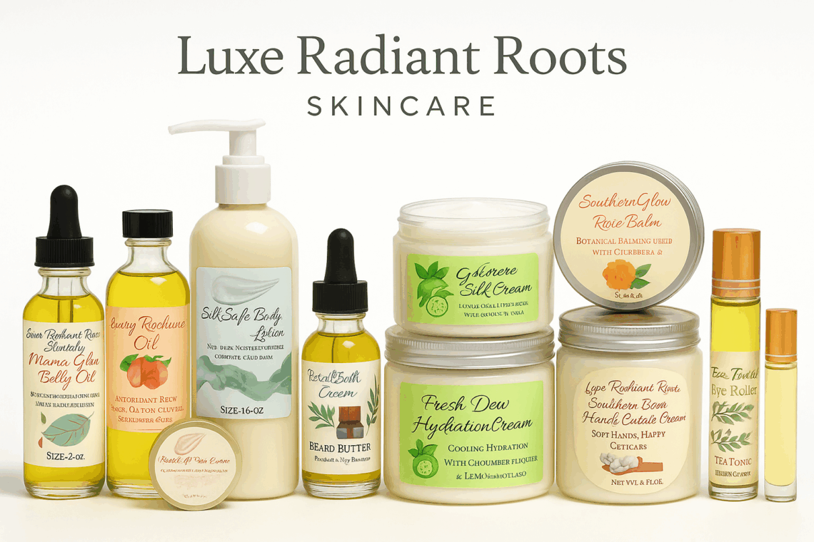 Luxe Radiant Roots Skincare Collection – handmade natural skincare products including oils, creams, and body care