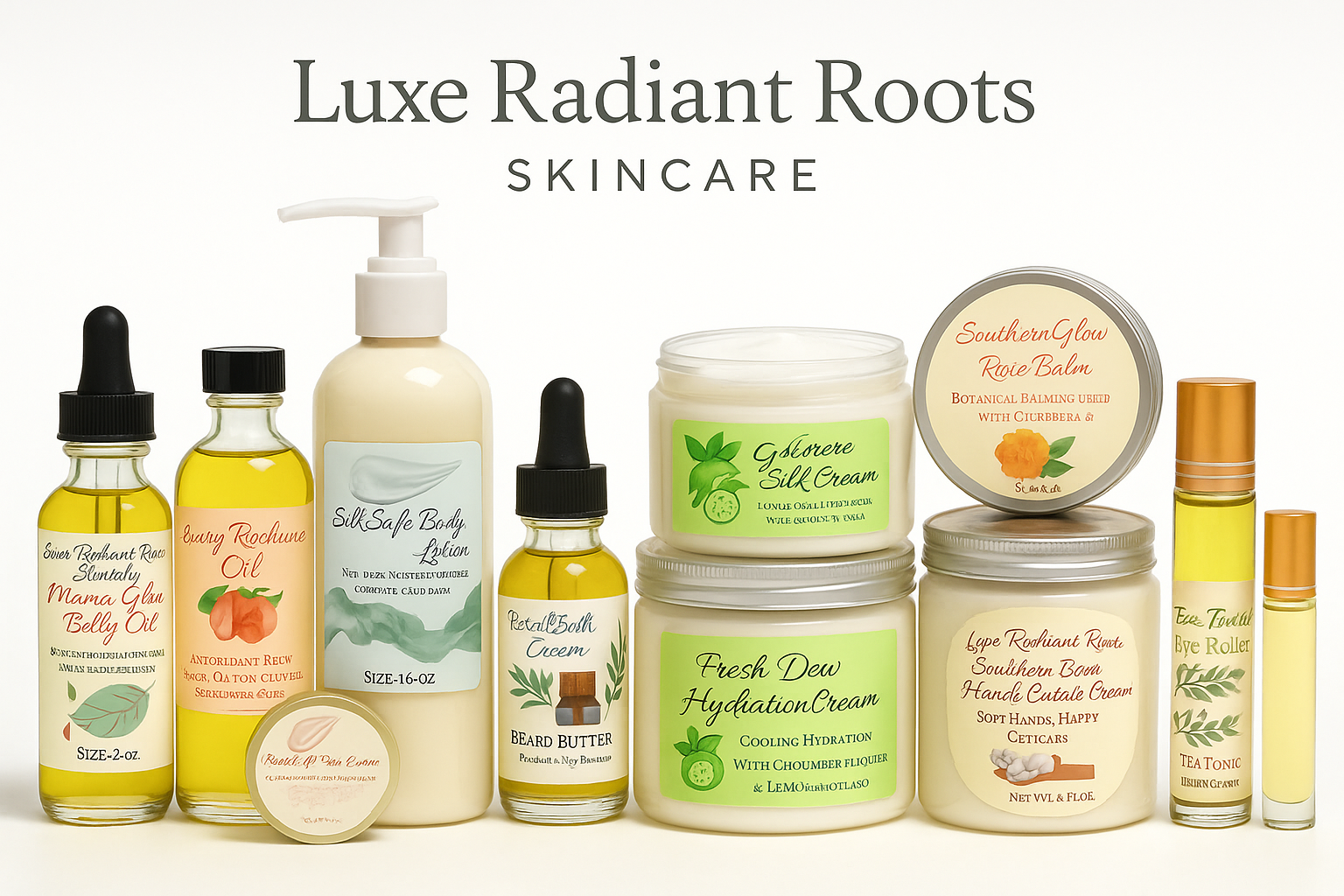 Luxe Radiant Roots Skincare Collection – handmade natural skincare products including oils, creams, and body care