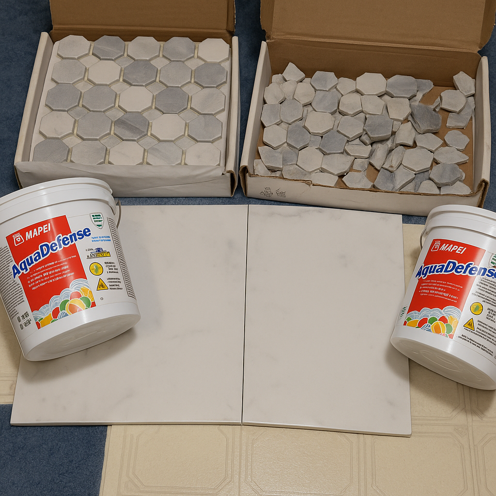 Mosaic tiles and marble shower tiles with AquaDefense buckets from Habitat for Humanity Re-Store in Dickson TN