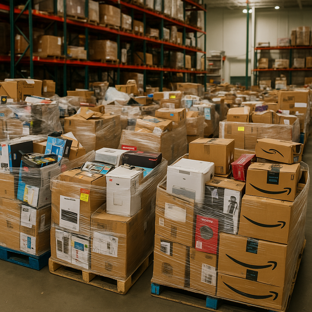 Warehouse filled with liquidation pallets of returned items
