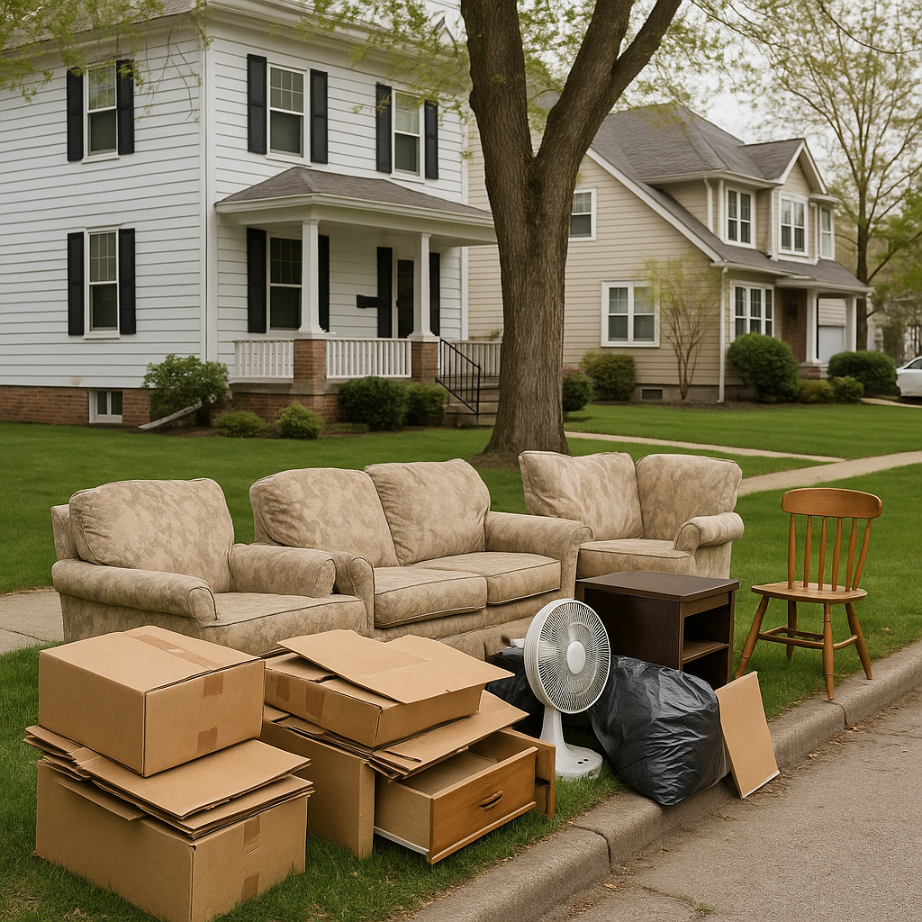 Old furniture piled on a curb during bulk trash pickup