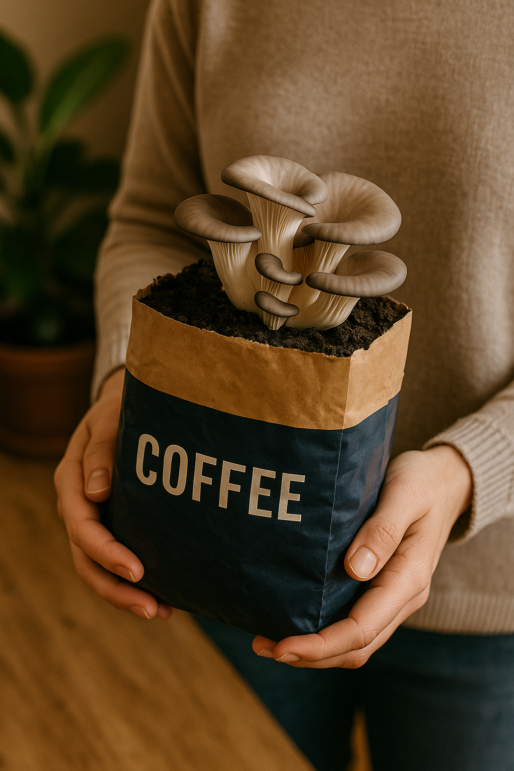 Mushrooms sprouting from recycled coffee grounds