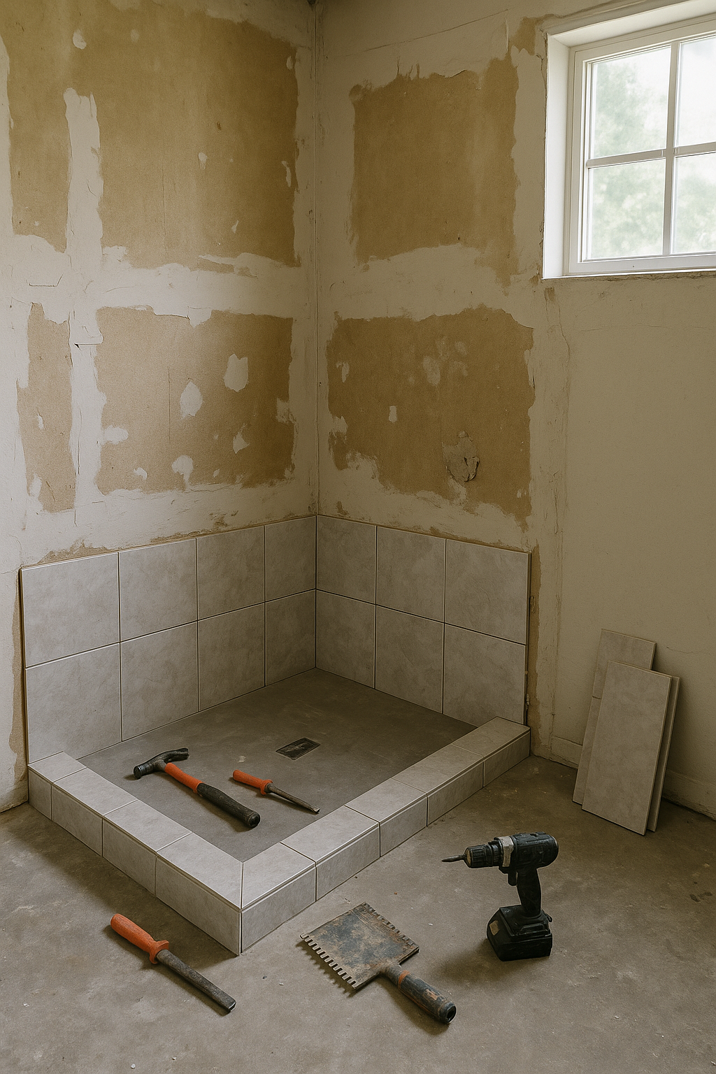 Half-finished bathroom with exposed drywall and scattered tools symbolizing broken promises in home repair