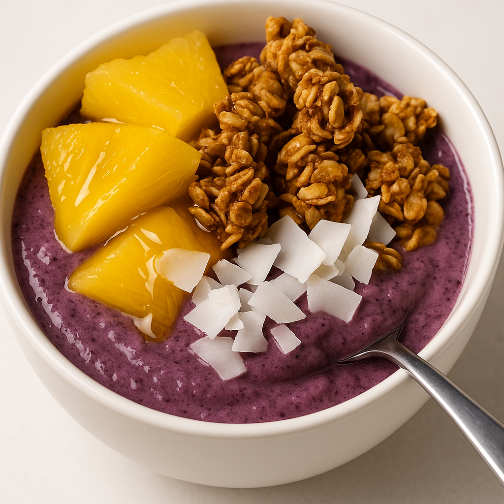 Creamy acai berry smoothie bowl topped with granola, pineapple chunks, and flaked coconut