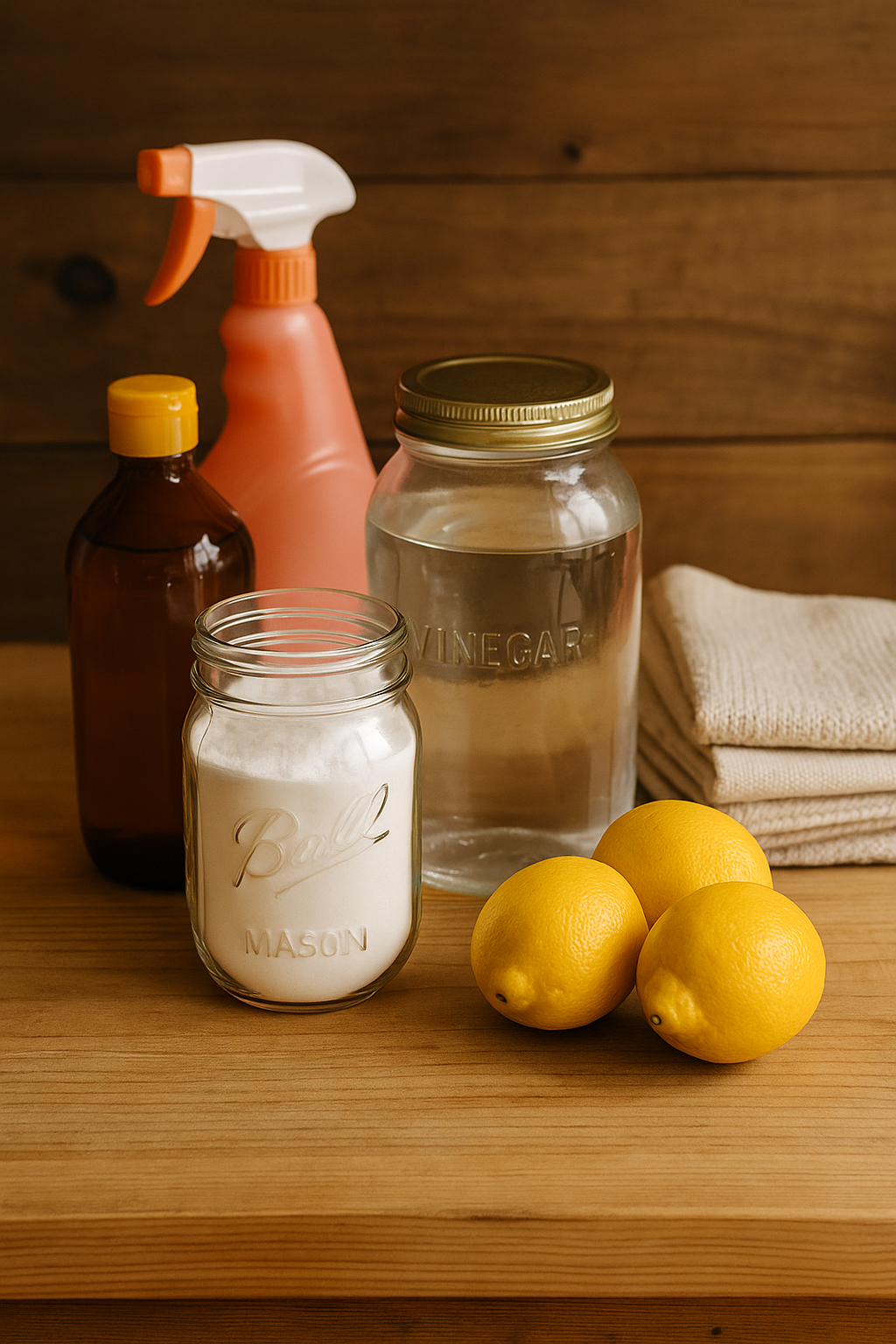 Homemade cleaning supplies like vinegar, baking soda, lemons, and spray bottles on a cozy kitchen counter showing how to stay clean and keep your home fresh when you’re broke.
