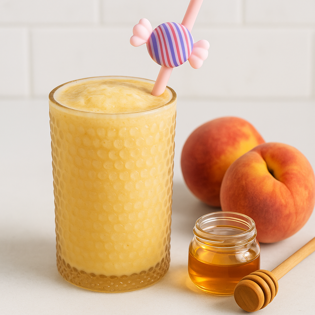 Creamy peach smoothie in a glass with peaches and honey on the counter