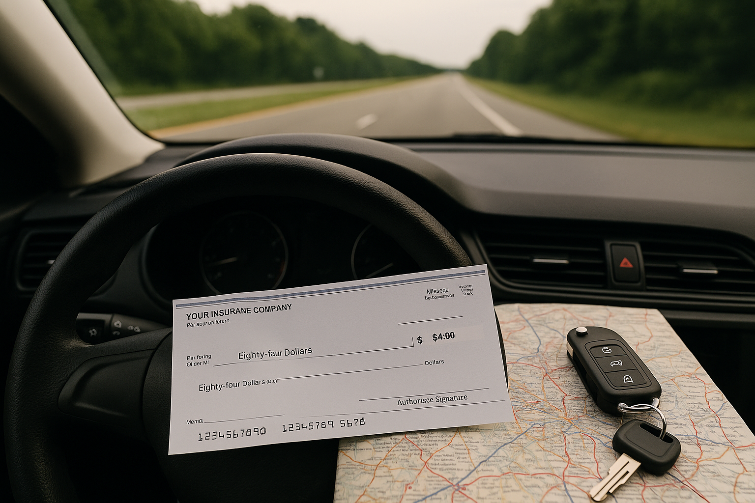 car dashboard with check, map, and keys representing TennCare and Medicaid mileage reimbursement in Tennessee