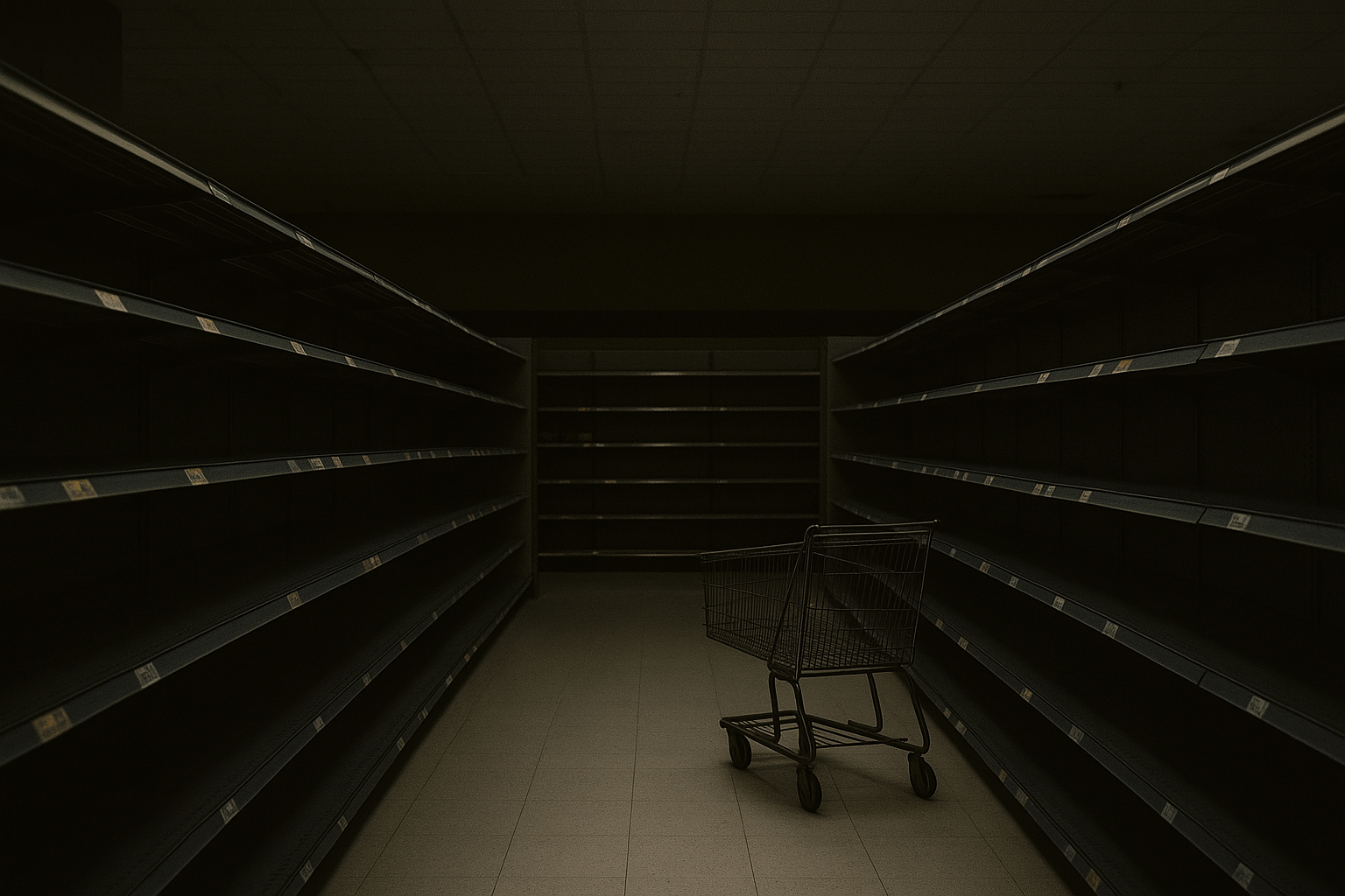 Empty grocery store shelves and a lone shopping cart during the 2025 government shutdown as SNAP benefits are frozen nationwide.