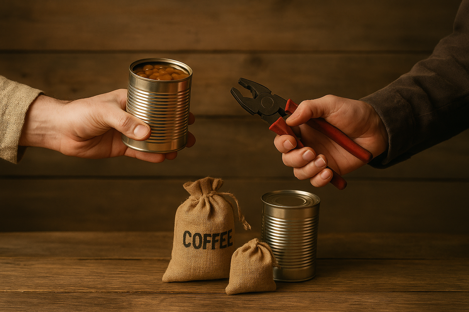 Hands exchanging canned food and tools during a barter trade, symbolizing how to survive without cash by swapping goods and services in hard times.