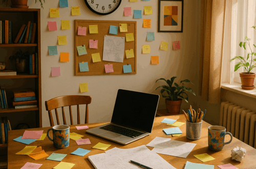 Warm, sunlit creative workspace with colorful sticky notes, plants, and coffee mugs scattered around a desk, capturing the feeling of a busy, inspired, and slightly chaotic mind at work.