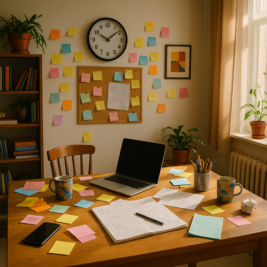 Warm, sunlit creative workspace with colorful sticky notes, plants, and coffee mugs scattered around a desk, capturing the feeling of a busy, inspired, and slightly chaotic mind at work.