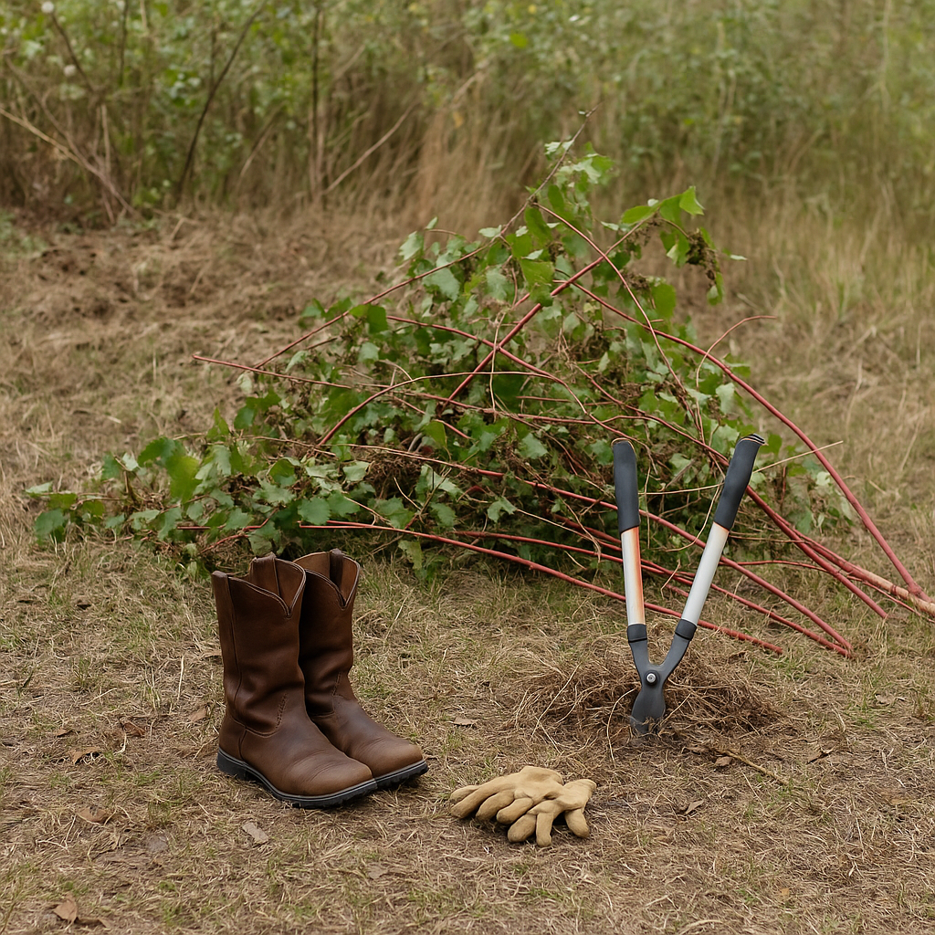Woman’s boots, gloves, and loppers sitting near piles of freshly cut brush and briars on a homestead.