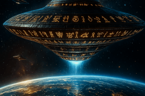 Futuristic alien ship marked with glowing Egyptian hieroglyphs hovering above Earth
