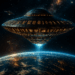 Futuristic alien ship marked with glowing Egyptian hieroglyphs hovering above Earth