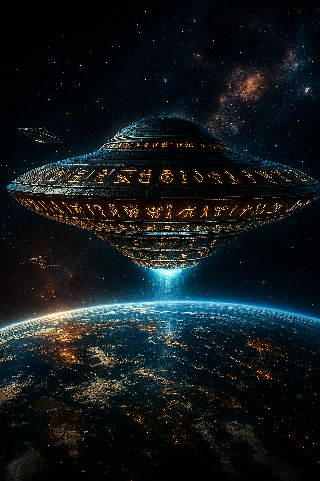 Futuristic alien ship marked with glowing Egyptian hieroglyphs hovering above Earth