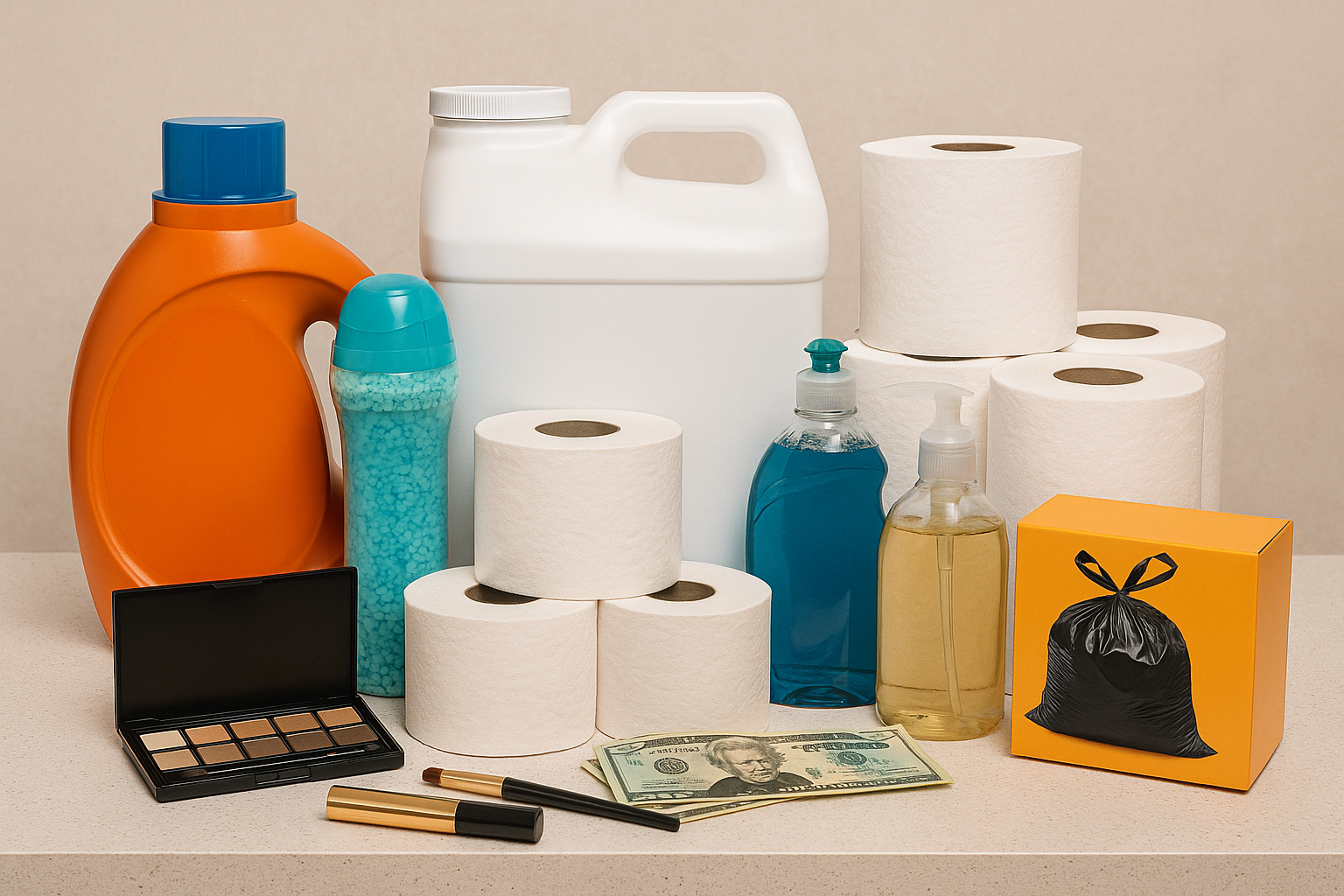 Rising prices of household products like laundry detergent, cat litter, and paper goods stacked on a kitchen counter.