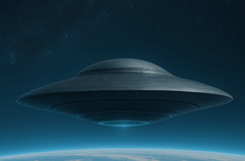 Illustration of a futuristic alien craft made of layered metamaterials hovering above Earth