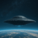 Illustration of a futuristic alien craft made of layered metamaterials hovering above Earth