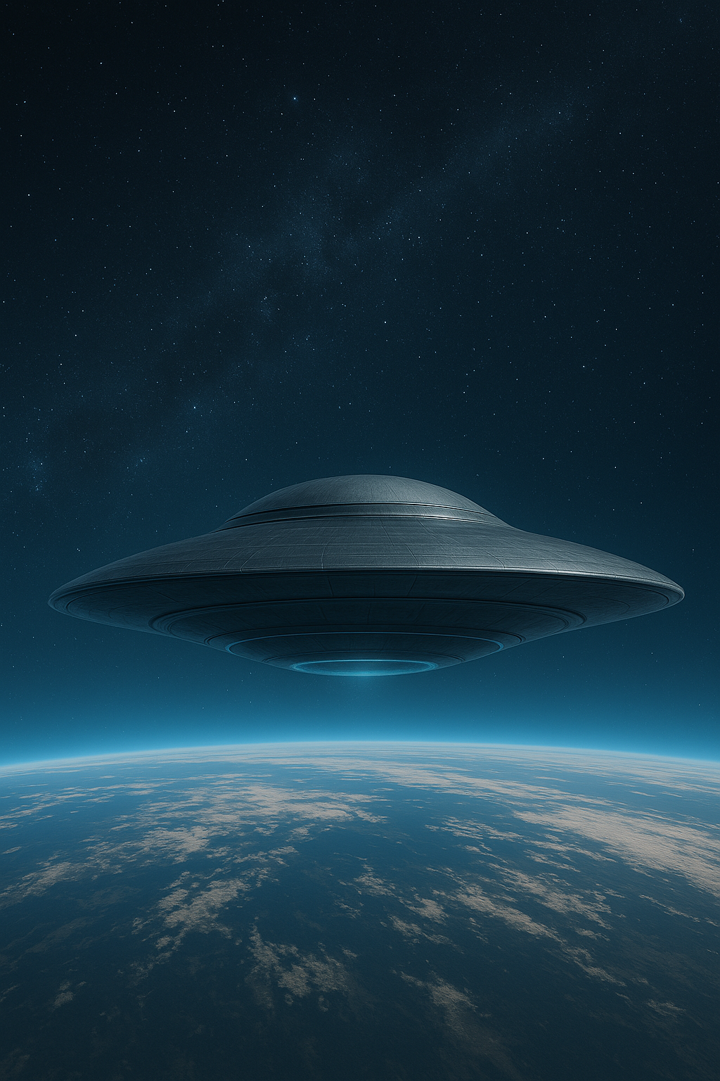 Illustration of a futuristic alien craft made of layered metamaterials hovering above Earth