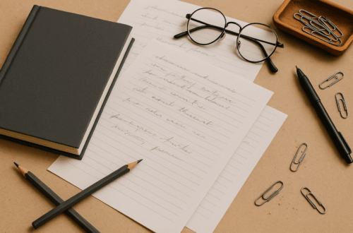 A cozy writer’s desk with scattered pages, pencils, eyeglasses, a coffee-colored notebook, and paperclips in warm natural light — capturing the creative chaos of writing a personal story.